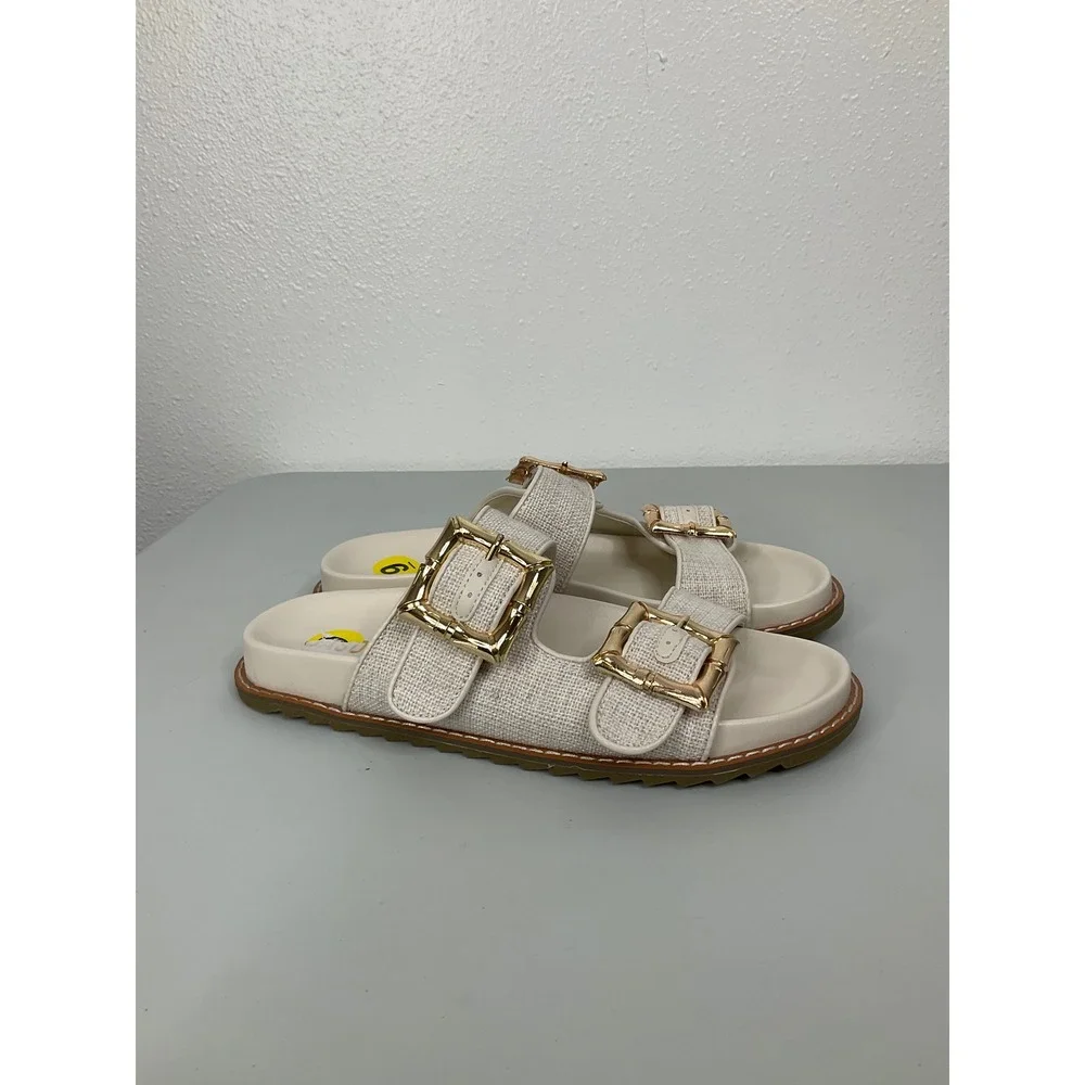 Jason Wu Womens Cream Linen‎ Double Buckle Slide Sandals Gold Bamboo Detail 9